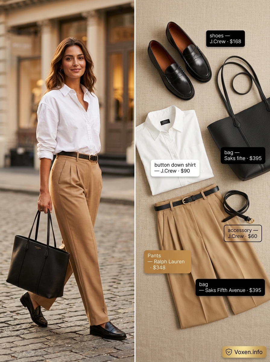 Summer outfits for women with olive skin tone 2026: Camel wide-leg pants, white shirt, black loafers, black tote.