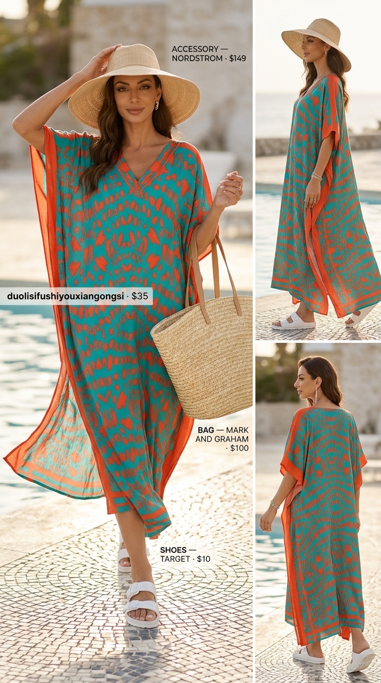 Summer outfits for women with olive skin tone 2026: Teal abstract print kaftan, white slides, straw hat, straw tote.