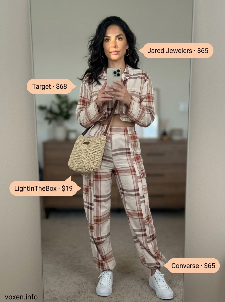 Summer outfits for women with olive skin tone 2026: Taupe cargo set, white sneakers, gold hoops, straw crossbody.