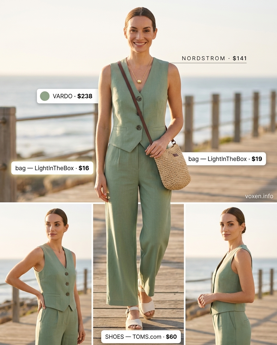 Summer outfits for women with olive skin tone 2026: Sage green linen set, espadrilles, straw crossbody.