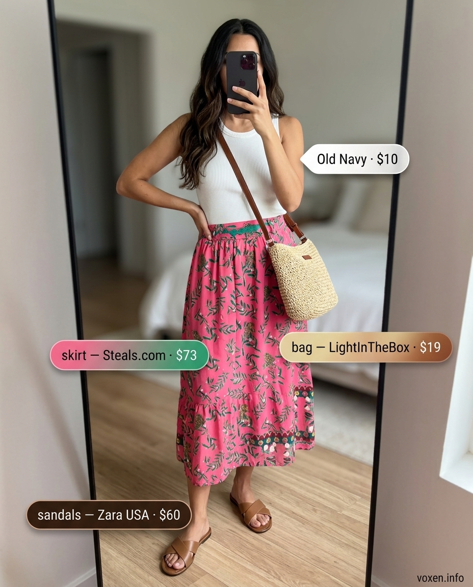 Summer outfits for women with olive skin tone 2026: Floral midi skirt, white tank, tan sandals, straw crossbody.