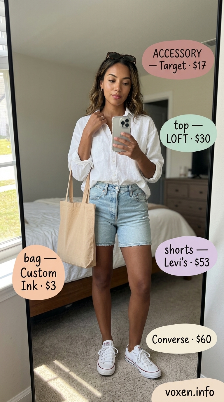 Summer outfits for women with olive skin tone 2026: White linen shirt, denim shorts, tan tote bag, white sneakers.