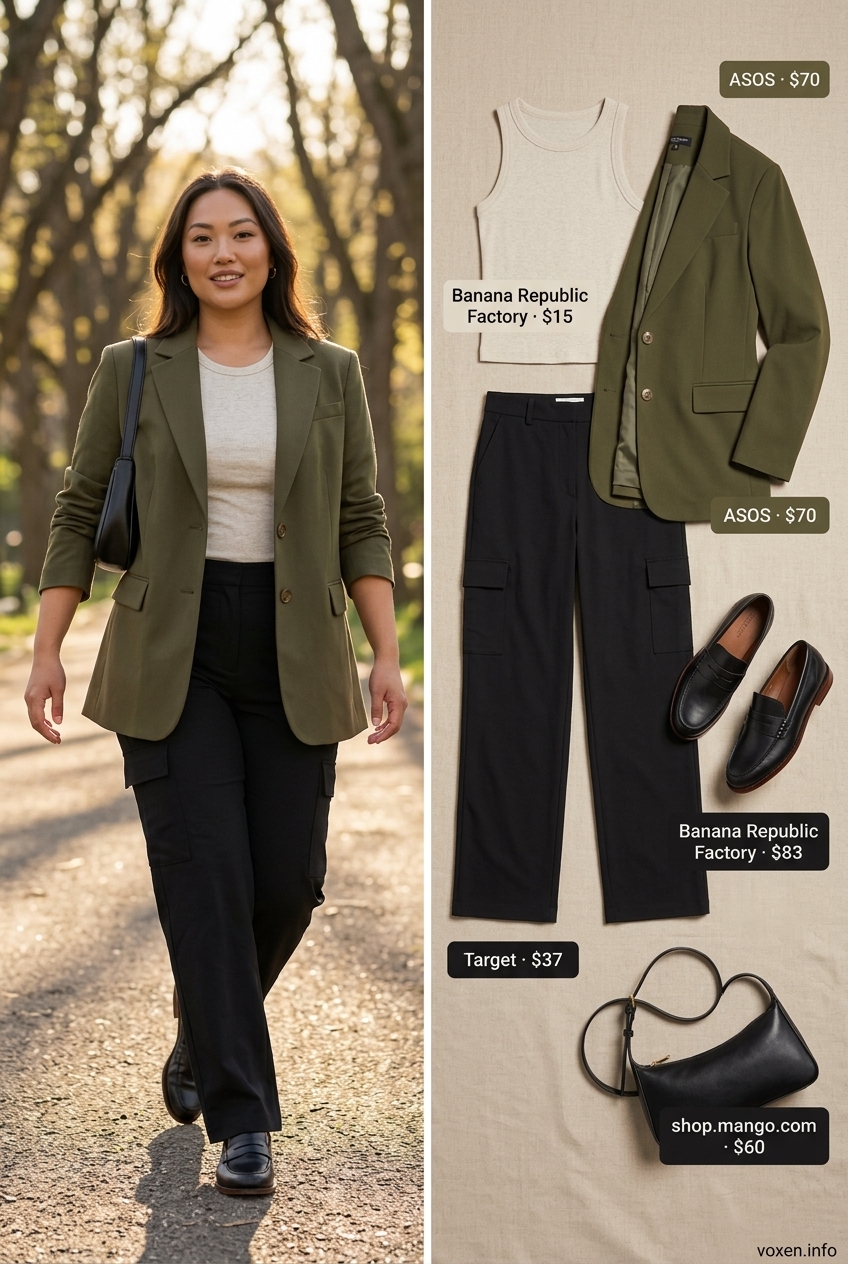 Edgy urban explorer outfit with olive green blazer for summer outfits for women with olive skin tone 2026.