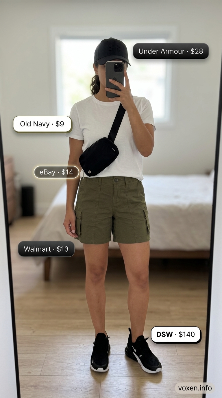 Casual olive green cargo shorts outfit for summer outfits for women with olive skin tone 2026. City exploration.