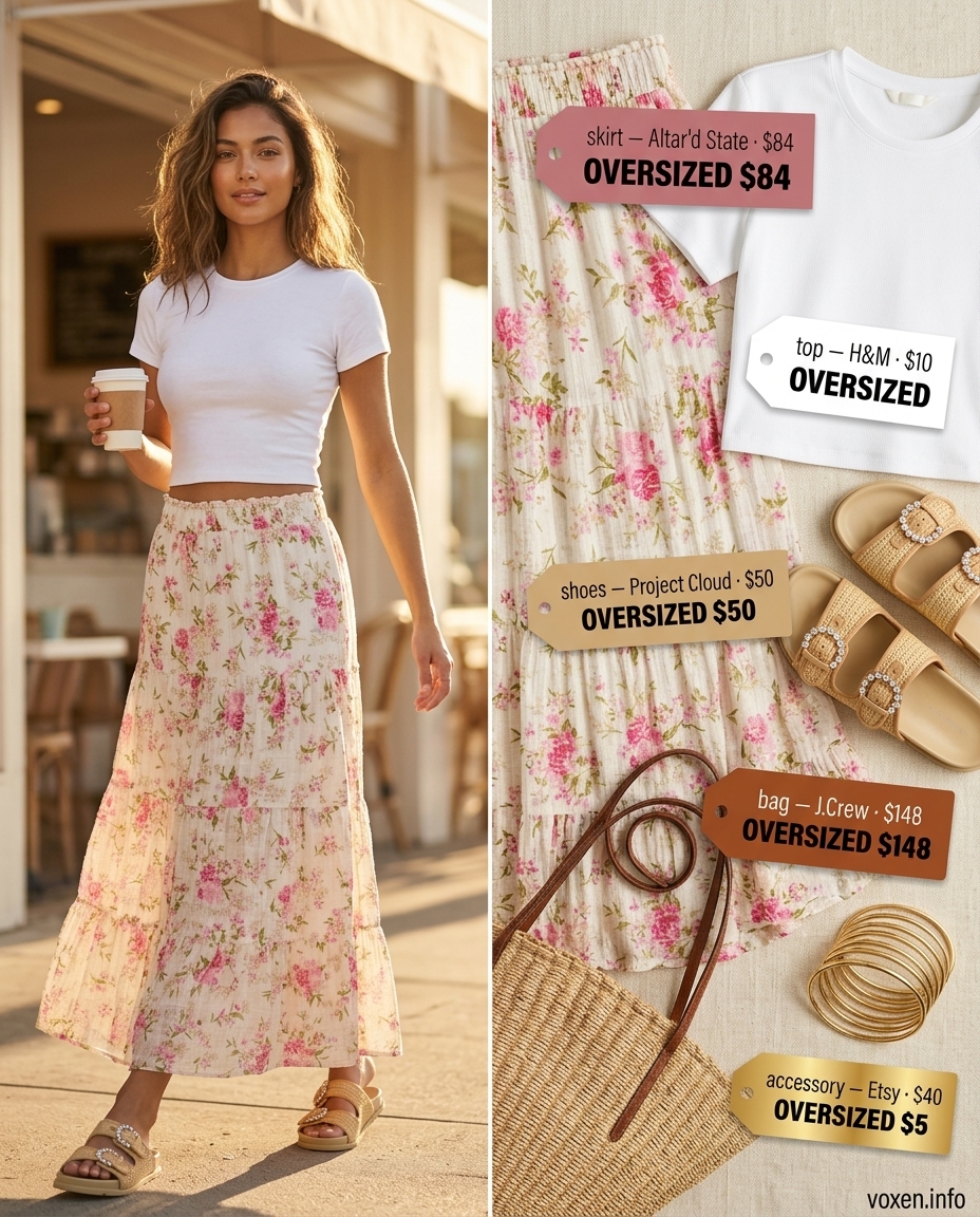 Boho floral maxi skirt outfit for summer outfits for women with olive skin tone 2026. Beach day style.