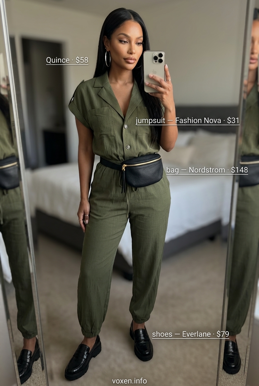 Chic utility jumpsuit in olive green for summer outfits for women with olive skin tone 2026. Polished casual look.
