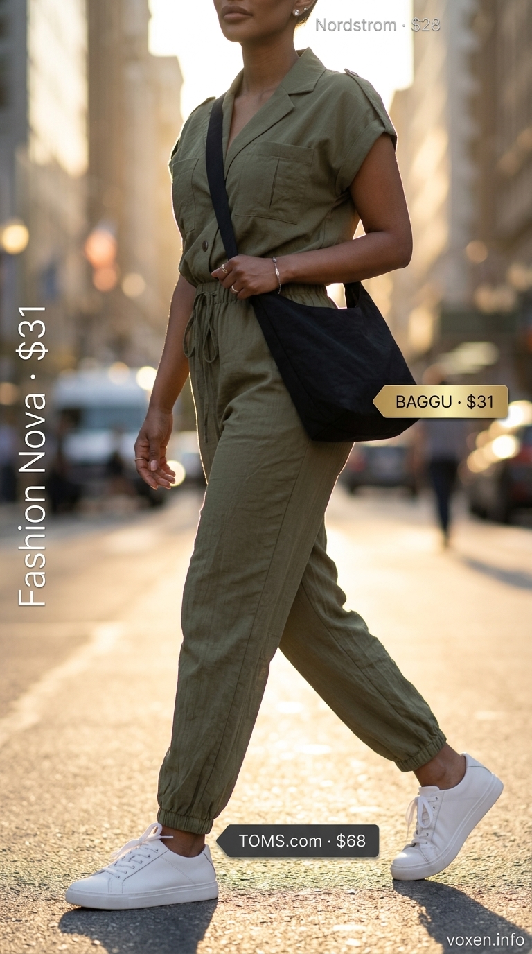 Comfortable olive green utility jumpsuit for summer outfits for women with olive skin tone 2026. Travel style.