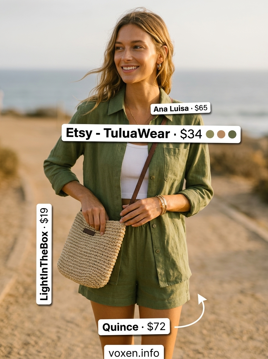 Relaxed olive green linen shorts set for summer outfits for women with olive skin tone 2026. Casual day out.