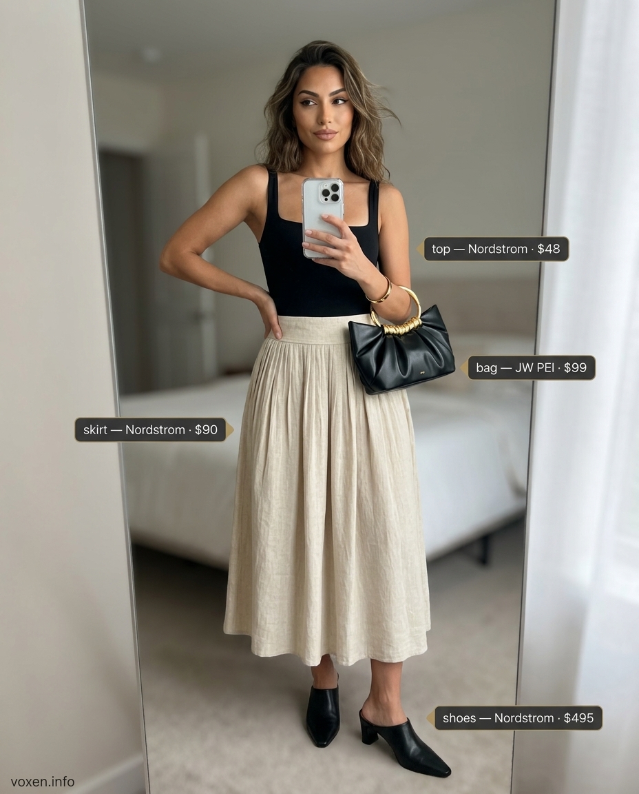 Sophisticated linen midi skirt outfit for summer outfits for women with olive skin tone 2026. Evening chic.