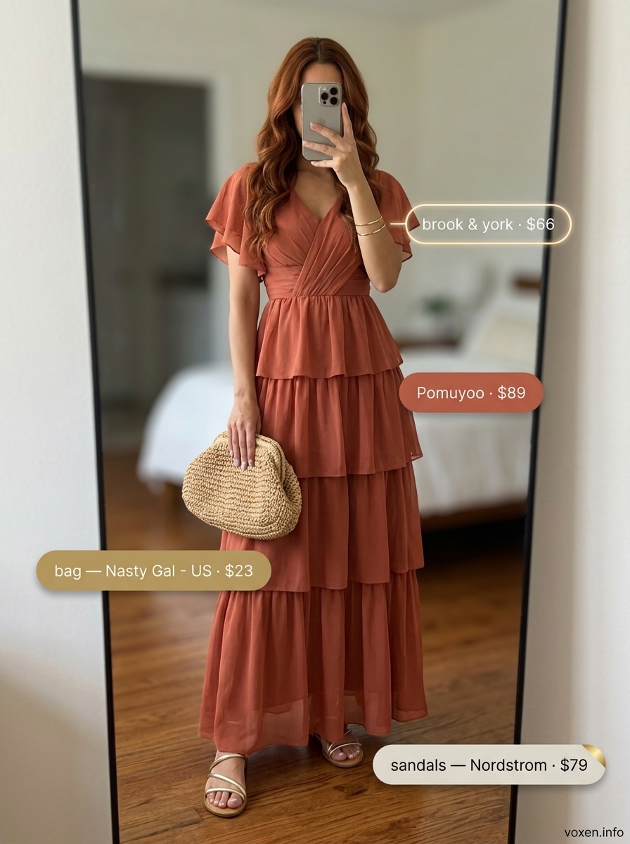 Bohemian terracotta maxi dress for summer outfits for women with olive skin tone 2026. Vacation evening style.