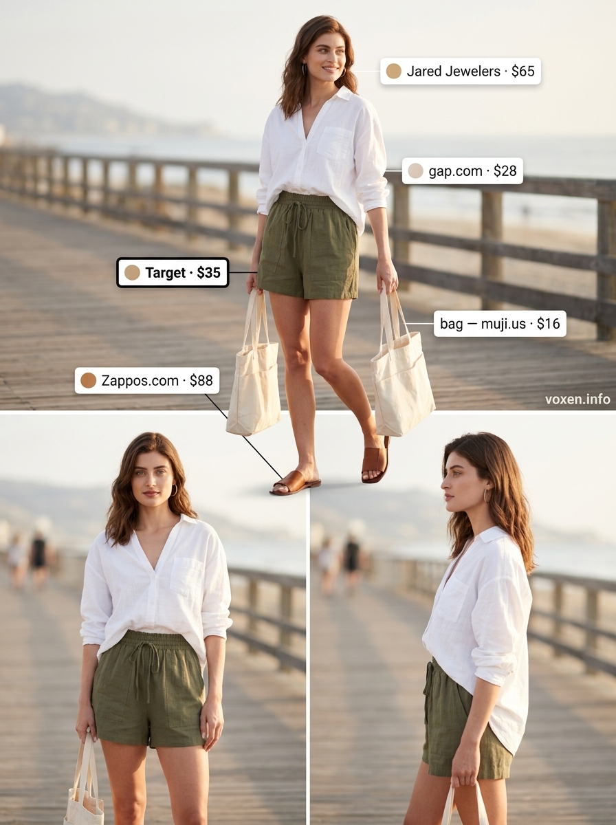 Relaxed white shirt and olive linen shorts for summer outfits for women with olive skin tone 2026. Coastal style.