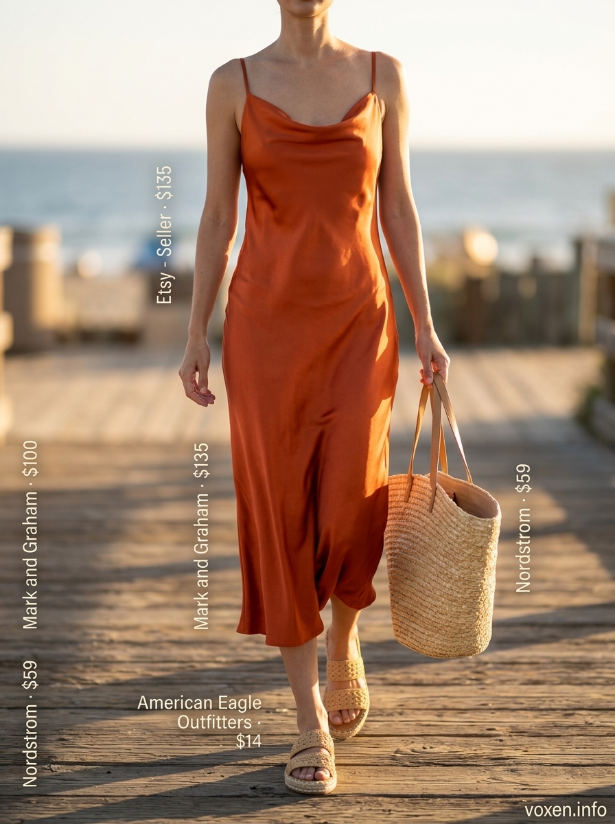 Vibrant orange slip dress for summer outfits for women with olive skin tone 2026. Beach brunch style.