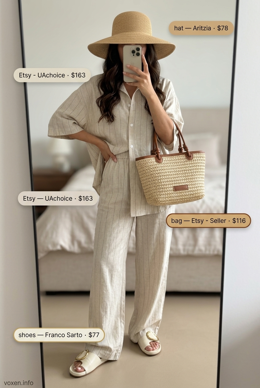 Summer outfits for women with olive skin tone 2026: Beige linen set, cream sandals for travel or brunch.