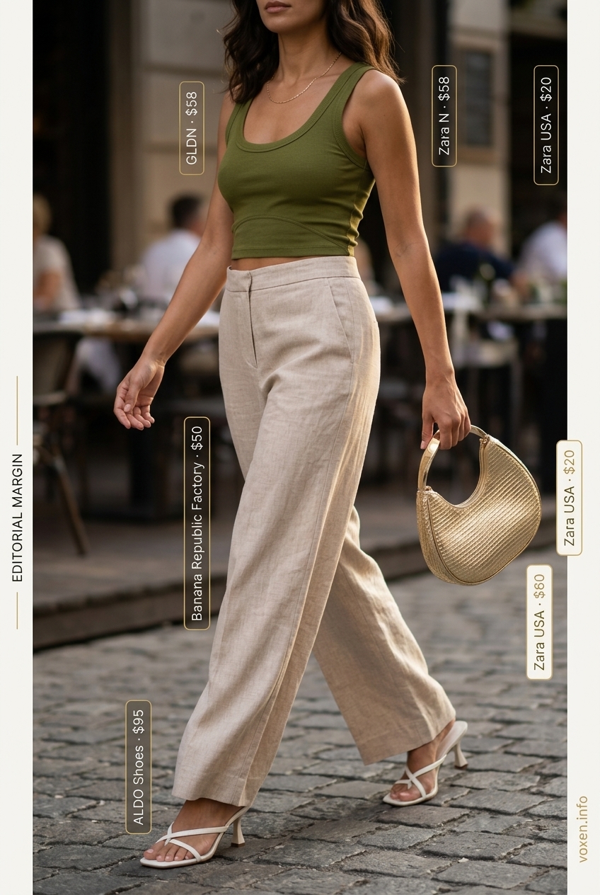 Summer outfits for women with olive skin tone 2026: Beige linen trousers, olive crop top for evening cocktails.