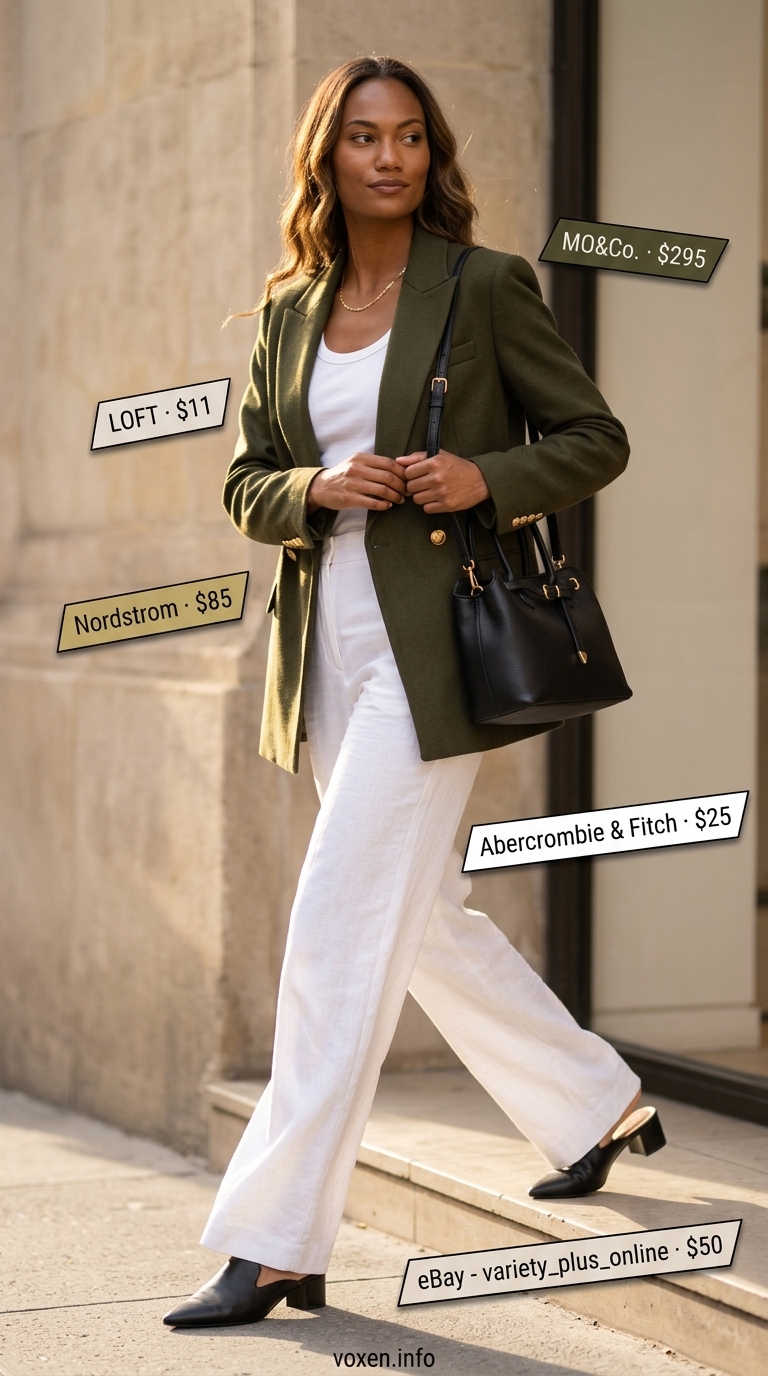 Summer outfits for women with olive skin tone 2026: White trousers, olive tank, black blazer for business casual.