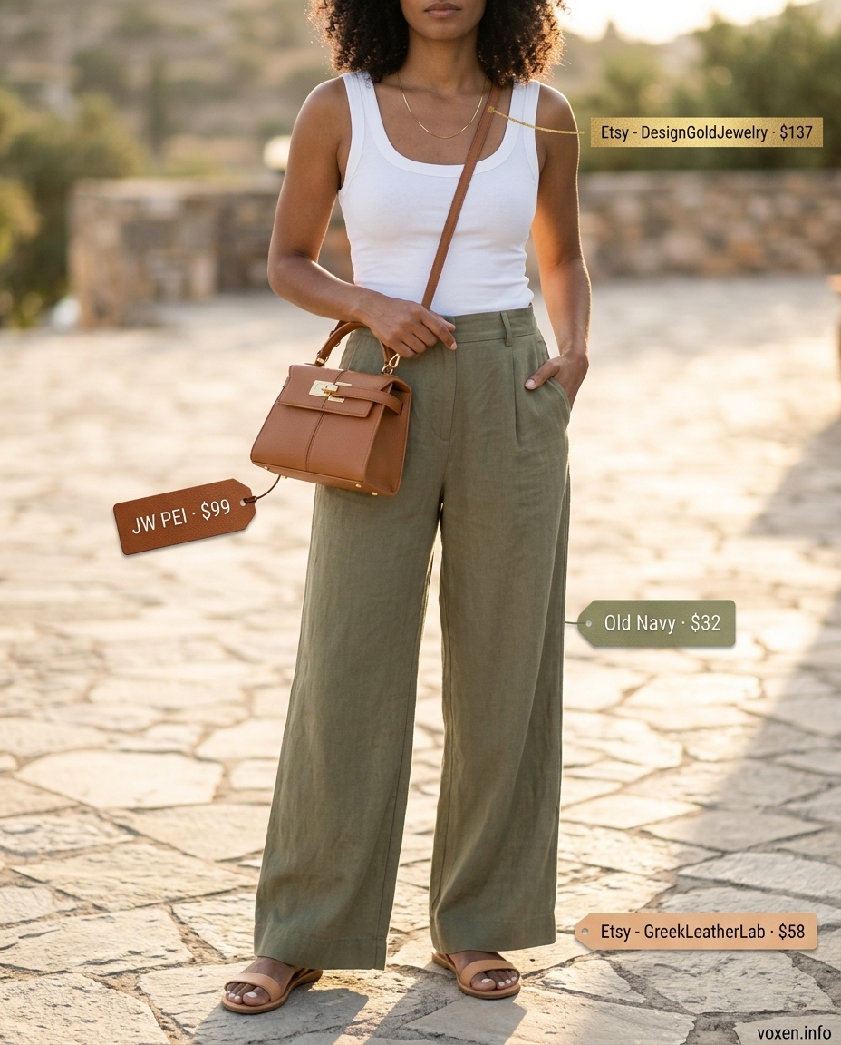Summer outfits for women with olive skin tone 2026: Olive green linen pants, cream tank, gold jewelry for an evening out.