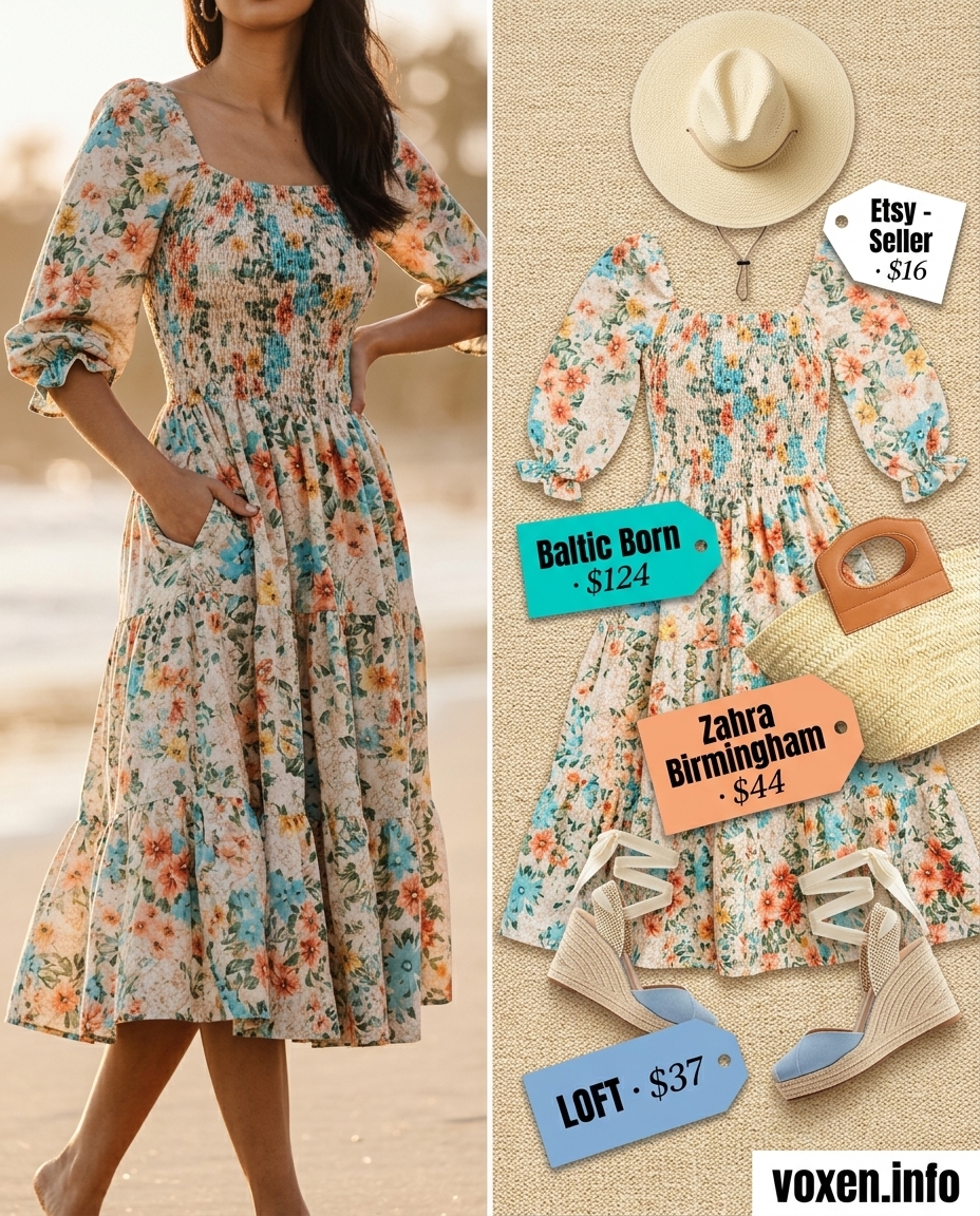 Summer outfits for women with olive skin tone 2026: Floral midi sundress, espadrilles, straw hat for beach day.