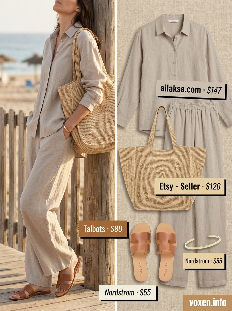 Summer outfits for women with olive skin tone 2026: Beige linen set, raffia tote for travel or beach resort.