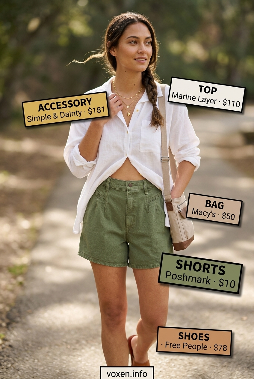 Summer outfits for women with olive skin tone 2026: Olive denim shorts, white linen shirt for casual weekend.