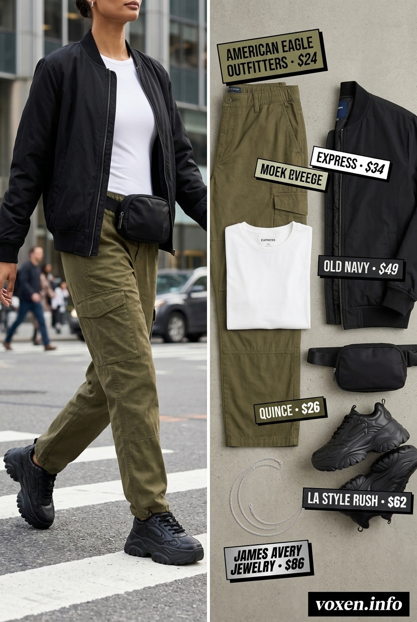 Summer outfits for women with olive skin tone 2026: Olive cargo pants, white tee, bomber jacket for city exploration.