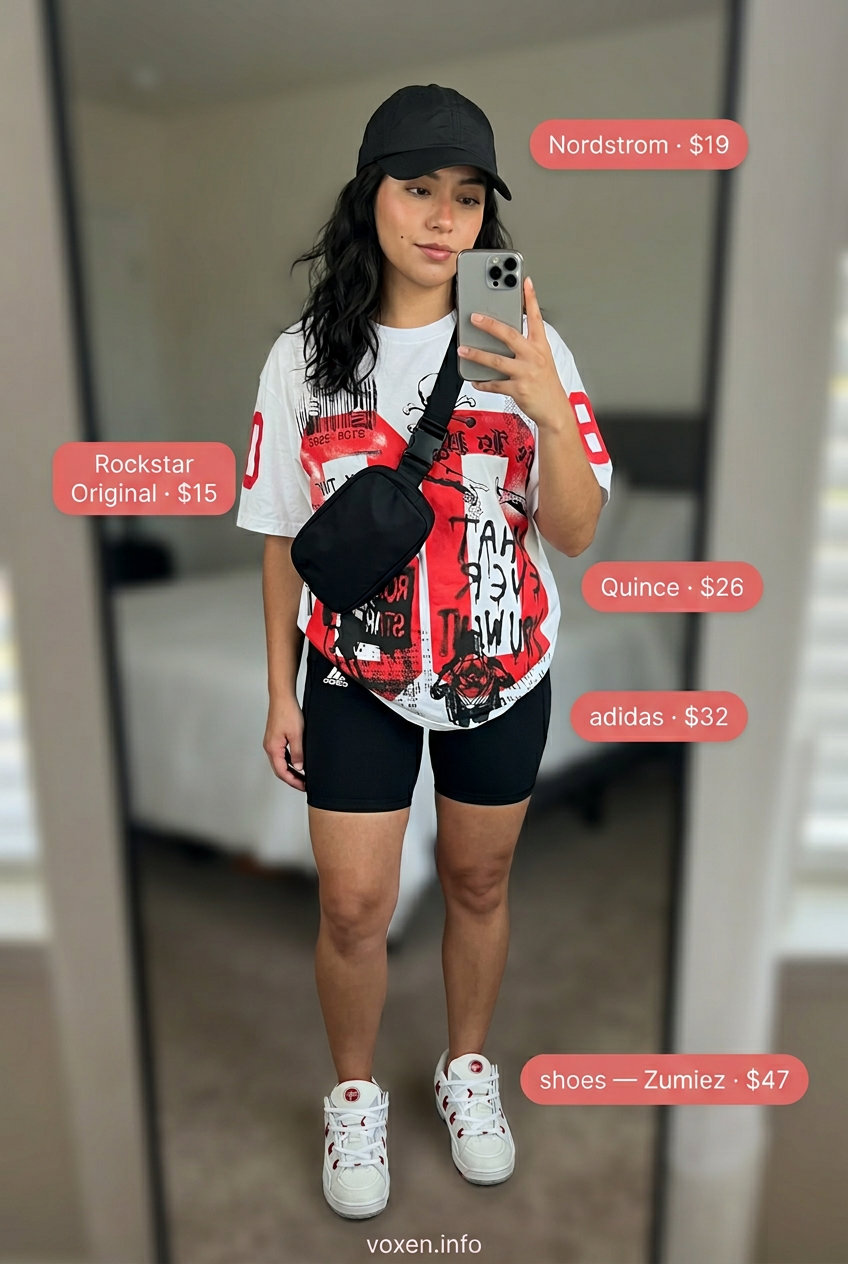 Black biker shorts and graphic tee for sporty summer outfits for women with warm skin tone 2026.