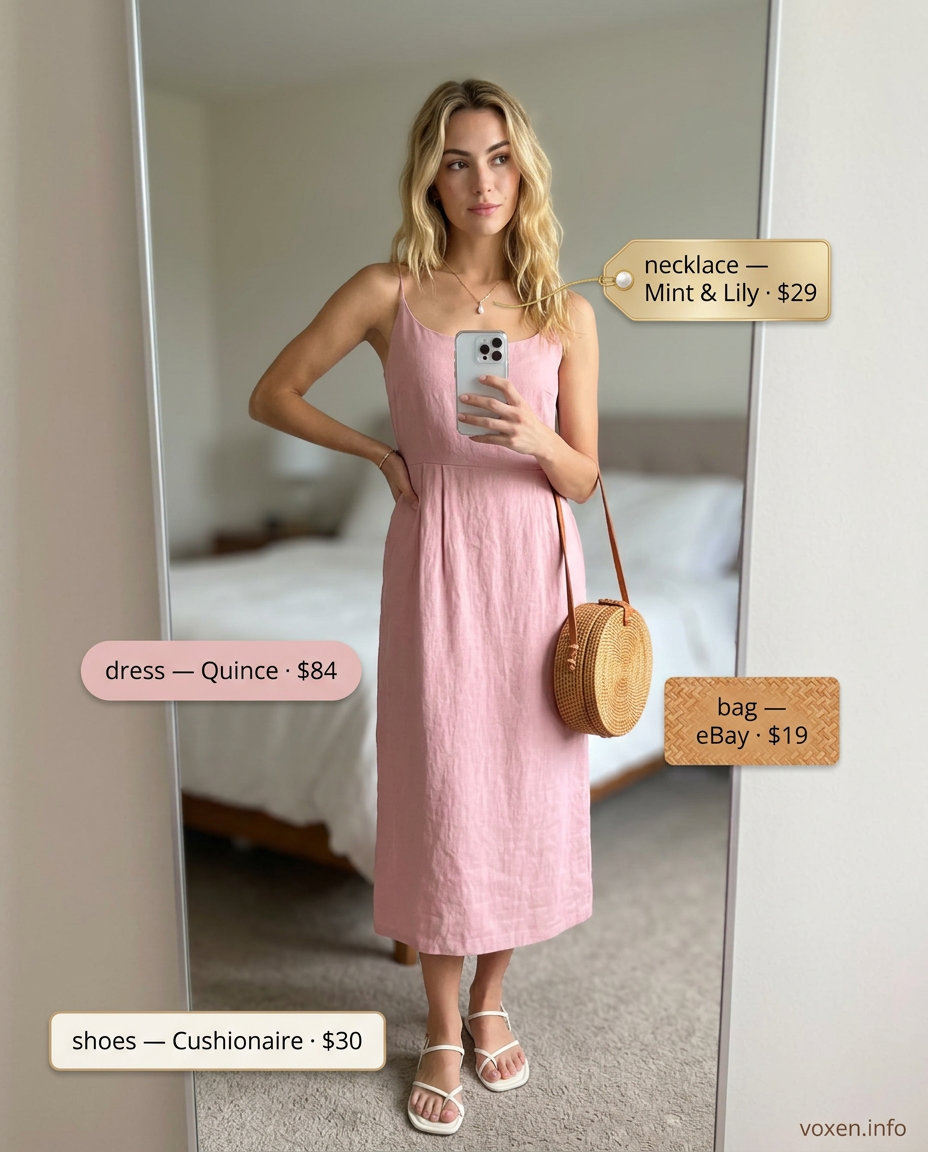 Blush pink linen sundress for summer outfits for women with warm skin tone 2026. Romantic garden party look.