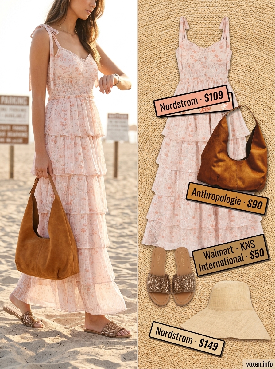 Boho Beach Maxi dress for summer outfits for women with warm skin tone 2026. Floral maxi dress with straw hat and tan accessories.