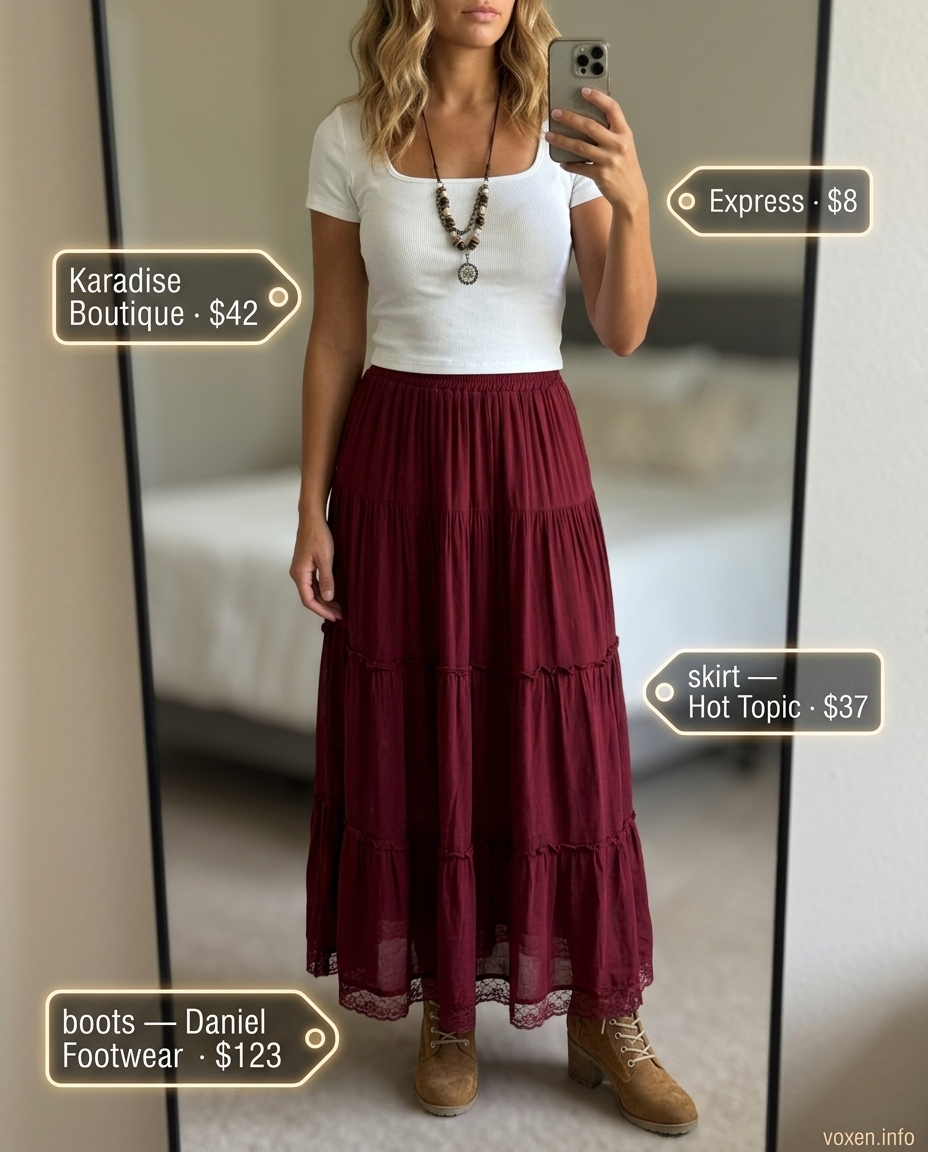Boho maxi skirt and crop top for summer outfits for women with warm skin tone 2026. Free-spirited festival style.