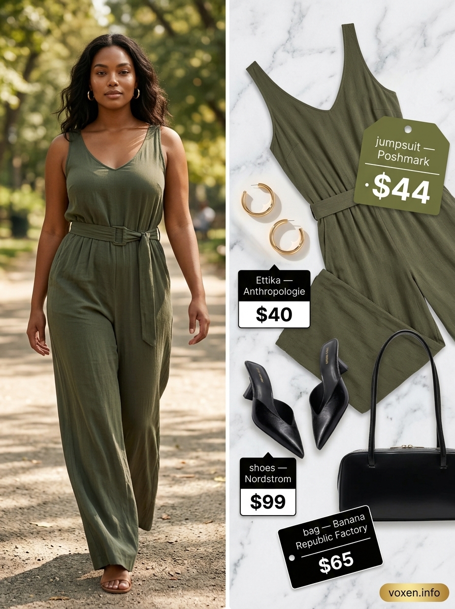Chic Utility Jumpsuit for summer outfits for women with warm skin tone 2026. Olive green utility jumpsuit with black accessories.