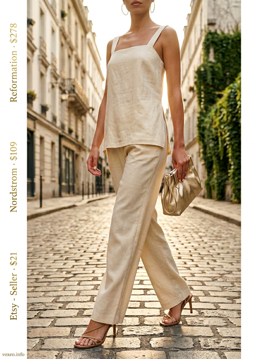 Cream linen co-ord set for summer outfits for women with warm skin tone 2026. Sophisticated evening look.