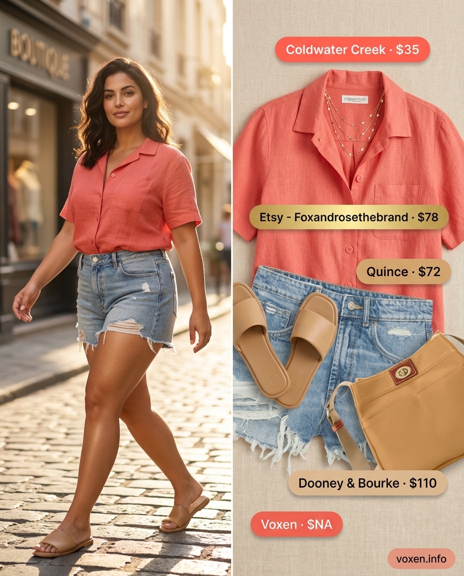 Denim shorts and coral linen shirt for casual summer outfits for women with warm skin tone 2026.