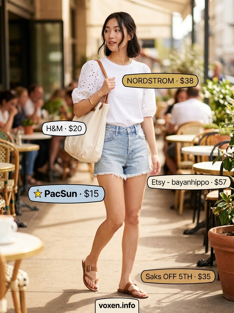 Denim Shorts Casual Cool outfit for summer outfits for women with warm skin tone 2026. White eyelet blouse with denim shorts.