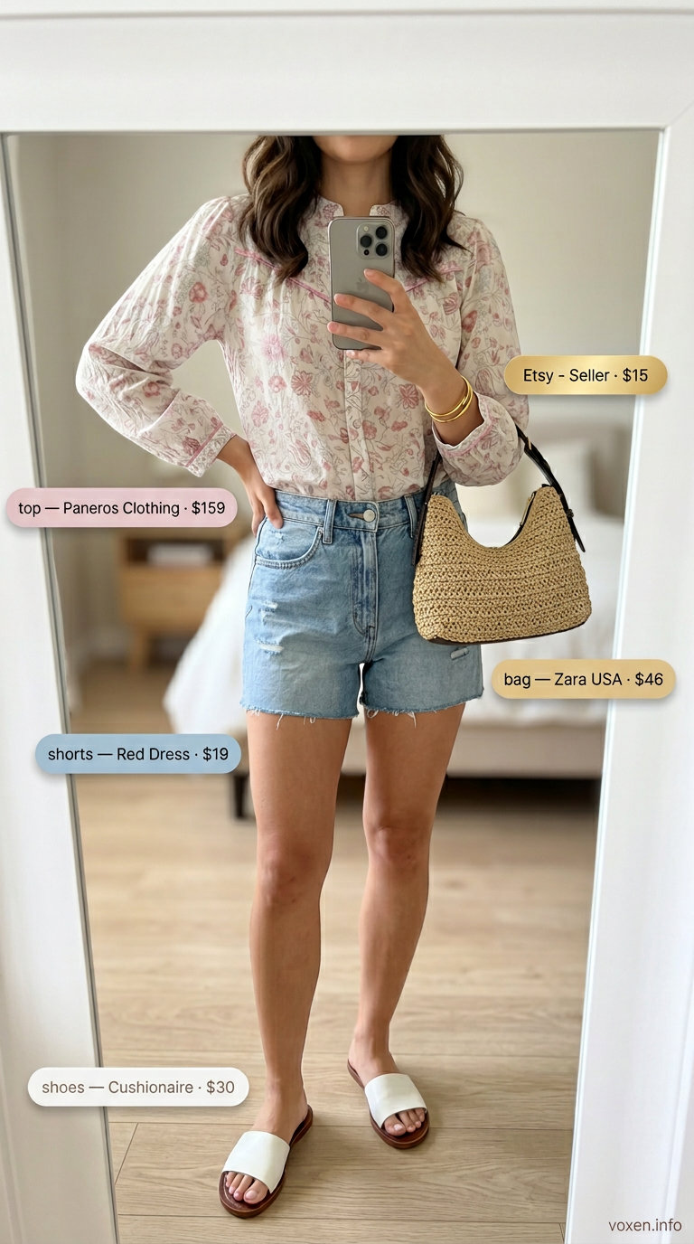Denim shorts and floral blouse for summer outfits for women with warm skin tone 2026. Casual weekend market style.