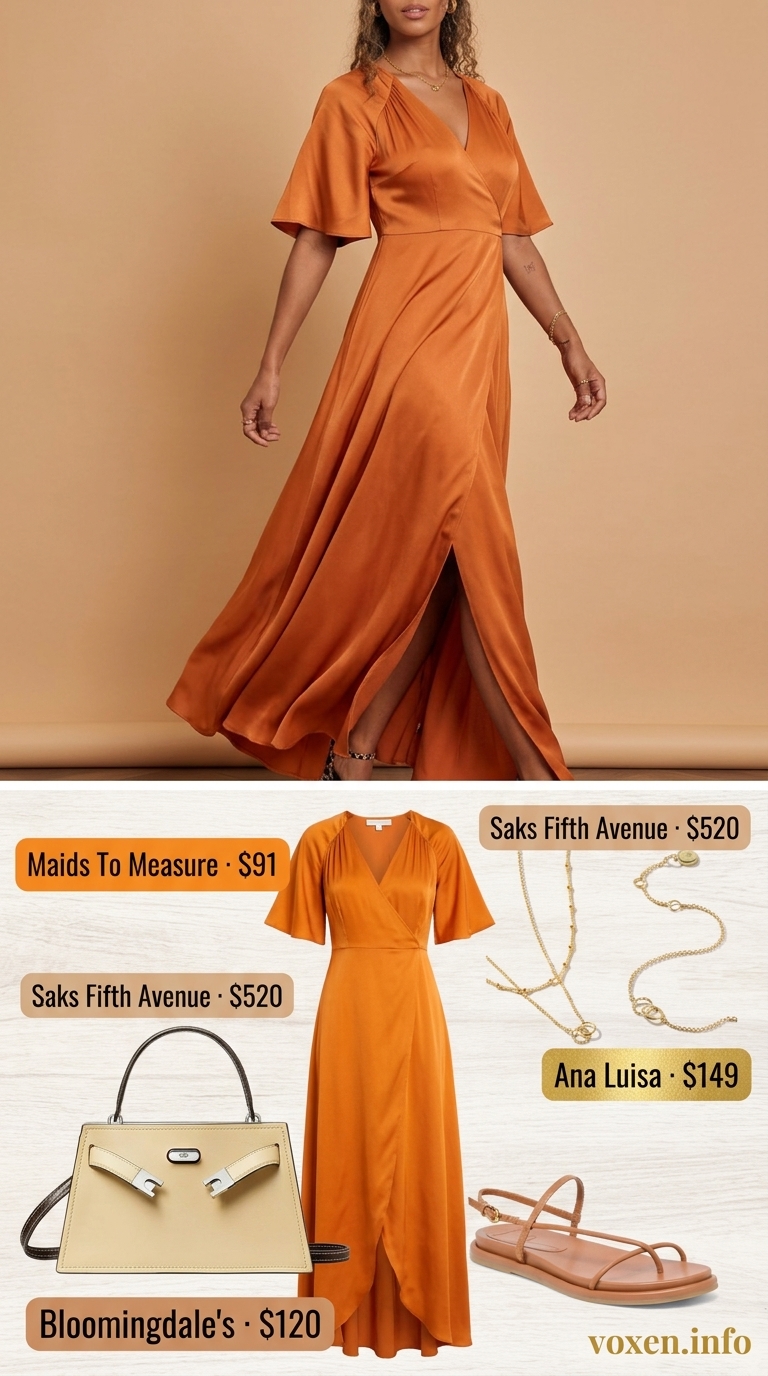 Golden Hour Glow dress for summer outfits for women with warm skin tone 2026. Marigold orange midi dress with gold jewelry.