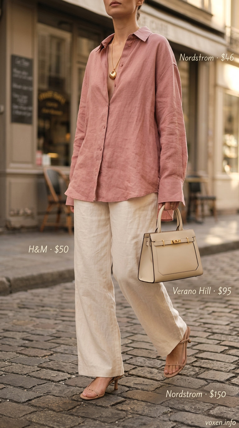 Blush pink linen co-ord set for chic summer outfits for women with warm skin tone 2026.