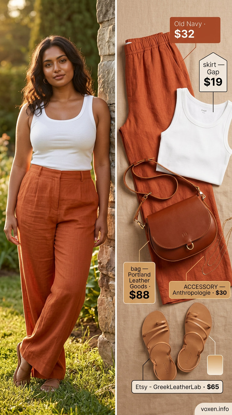 Linen pants and ribbed tank for summer outfits for women with warm skin tone 2026. Effortless casual evening look.