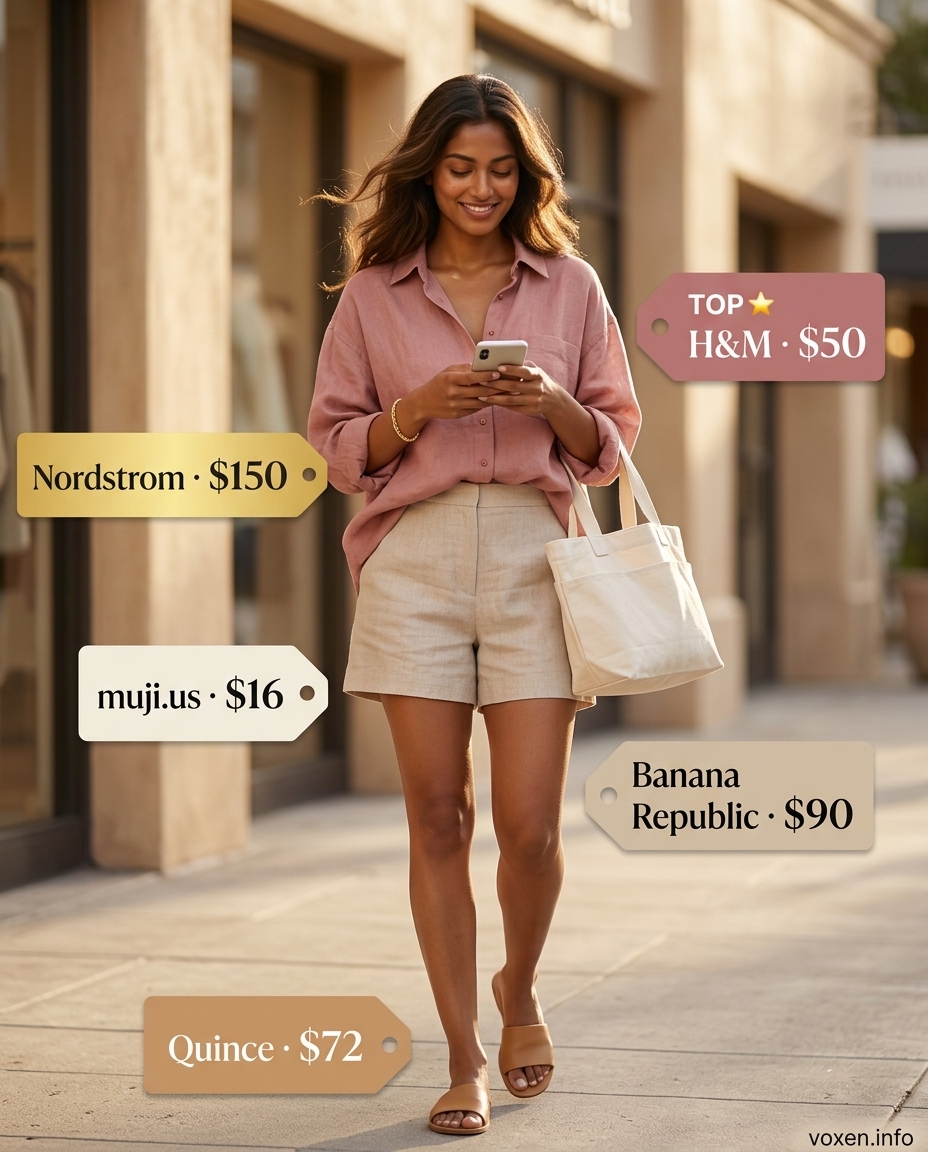 Linen shorts and oversized shirt for summer outfits for women with warm skin tone 2026. Relaxed loungewear chic.