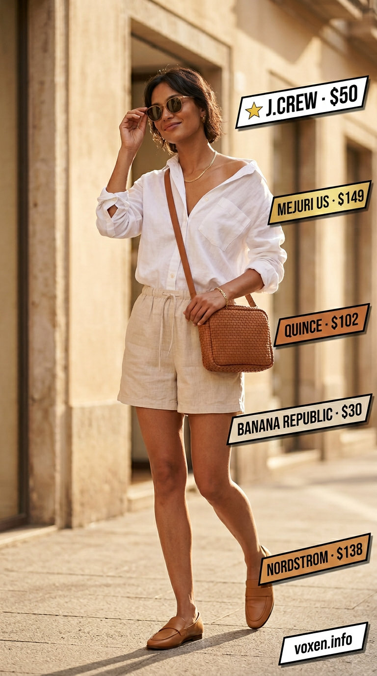 Monochrome Linen Shorts outfit for summer outfits for women with warm skin tone 2026. Beige linen shorts with cream linen shirt.