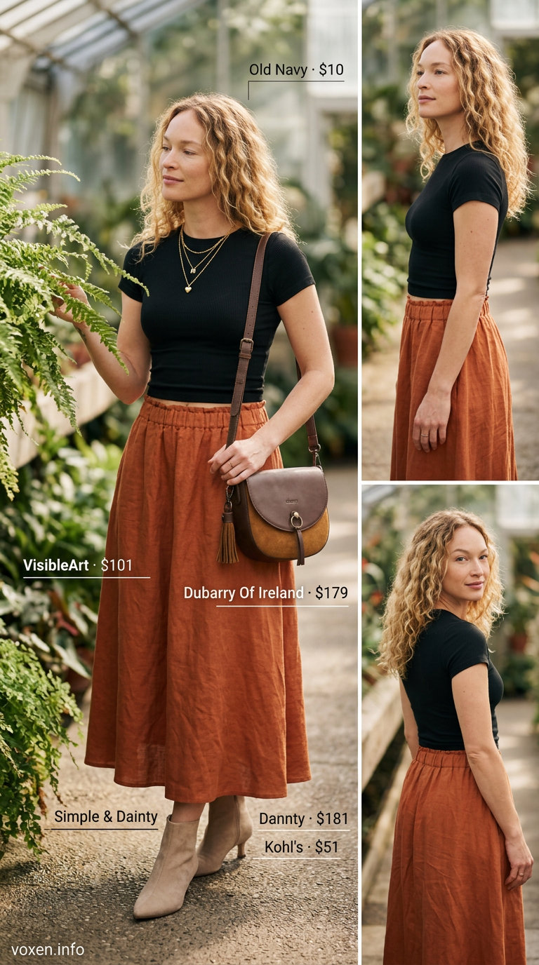 Rust orange midi skirt and black crop top for casual summer outfits for women with warm skin tone 2026.