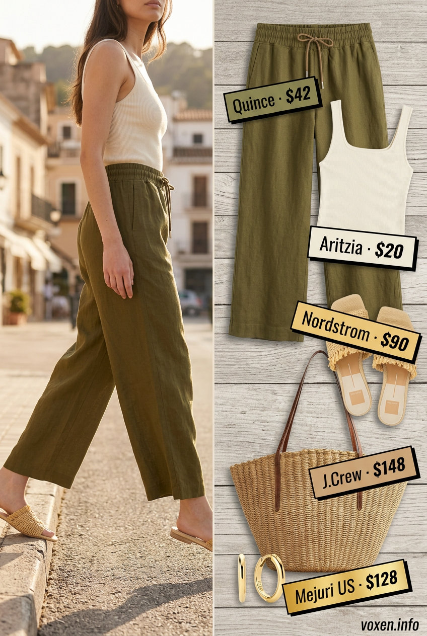 Seaside Linen Ease pants for summer outfits for women with warm skin tone 2026. Olive green linen pants with cream knit top.