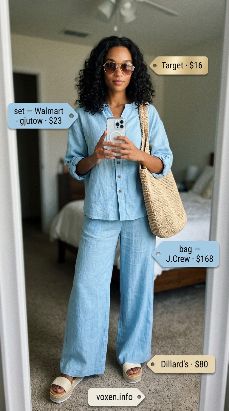 Sky blue linen set for summer outfits for women with warm skin tone 2026. Relaxed coastal vacation wear.