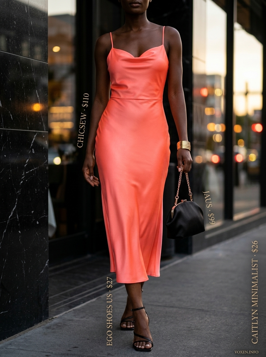 Sunset Glow Slip Dress for summer outfits for women with warm skin tone 2026. Vibrant coral satin midi slip dress with gold cuff.