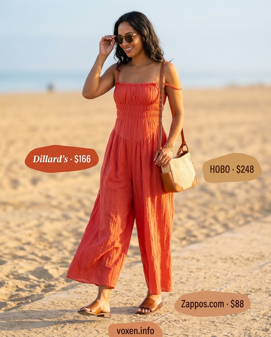 Vacation Linen Jumpsuit for summer outfits for women with warm skin tone 2026. Coral linen jumpsuit with tan leather slides.
