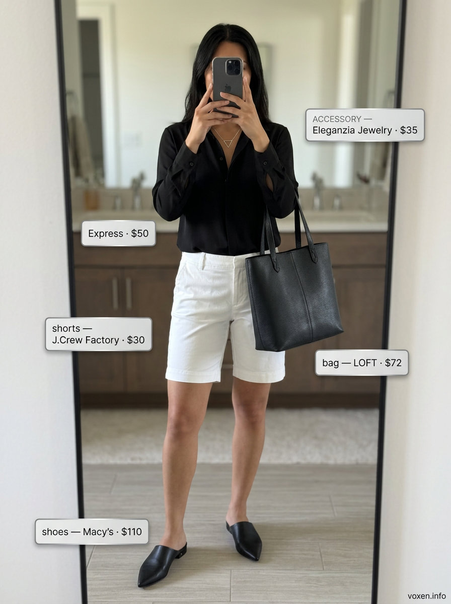White Bermuda shorts and oversized black shirt for smart casual summer outfits for women with warm skin tone 2026.