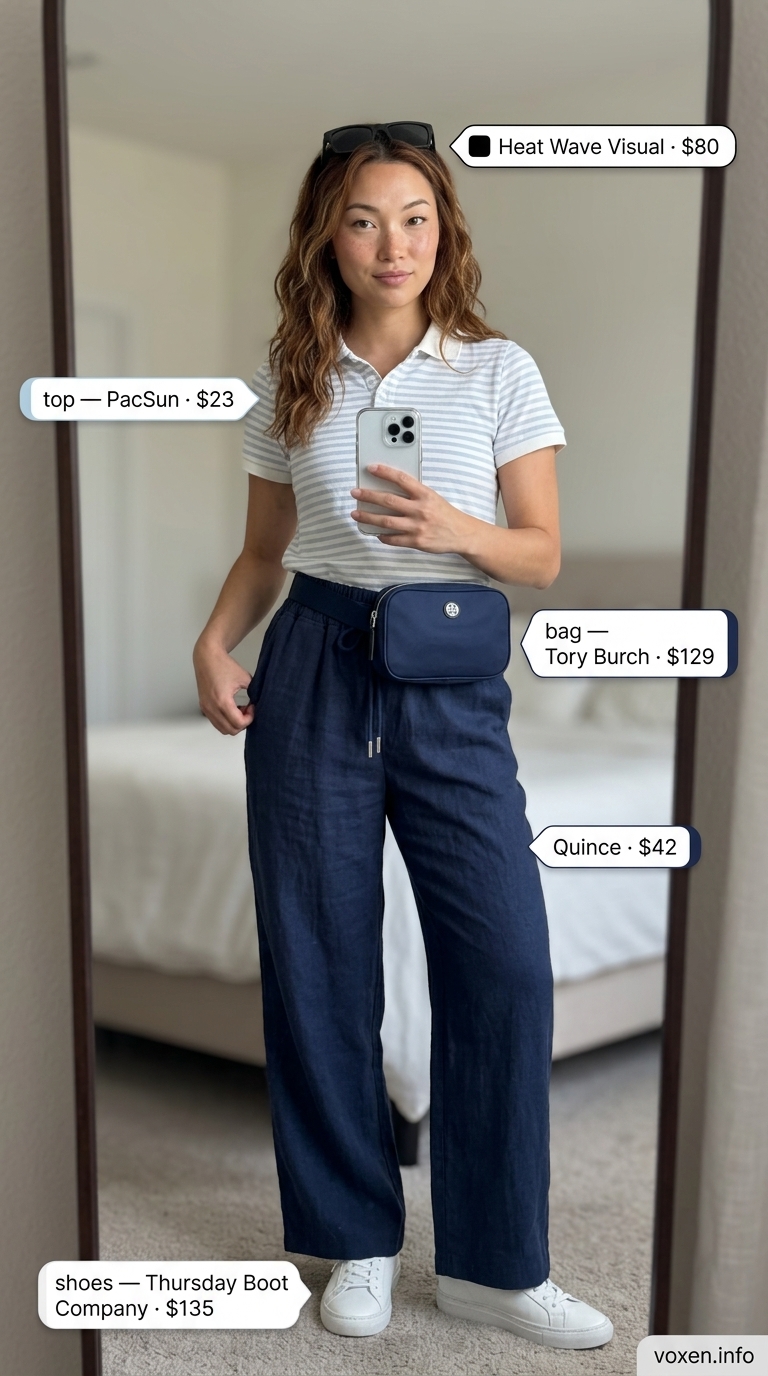 Elevated Athleisure outfit with summer pants for women 2026: navy shorts, striped polo, white sneakers, and belt bag.