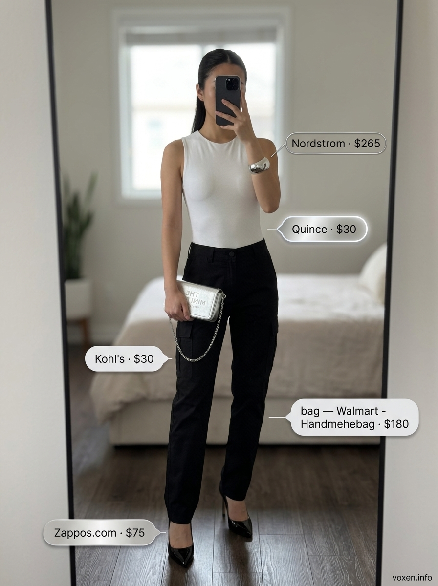 Black cargo pants for women 2026, styled with a white bodysuit and silver heels for an edgy evening look.