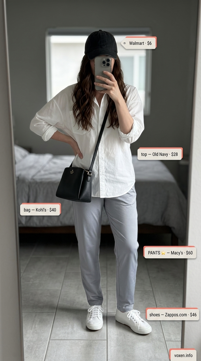 City Explorer outfit with summer pants for women 2026: denim jeans, white oversized shirt, black crossbody bag, and sneakers.