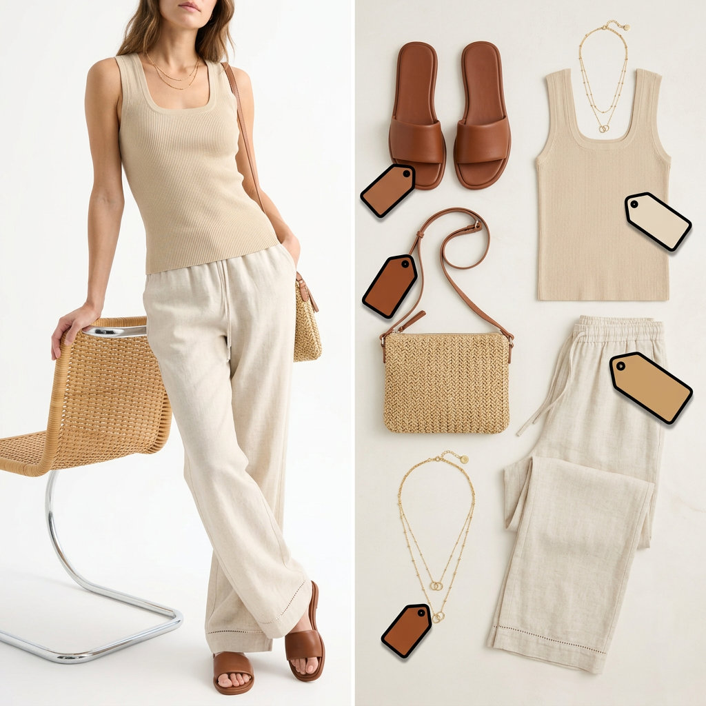 Cream linen wide-leg trousers with tan slides and ribbed tank for summer pants for women 2026.