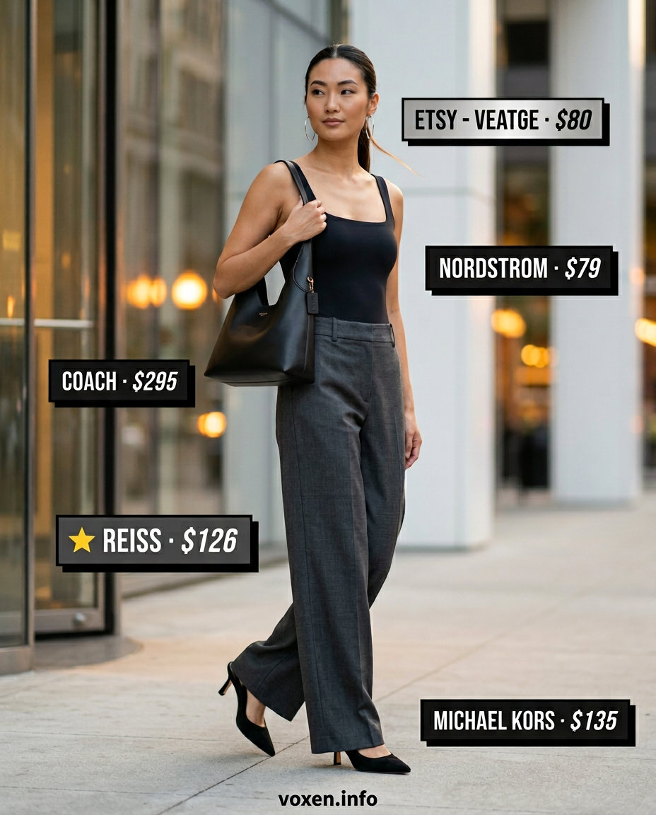 Charcoal grey wide-leg trousers with black bodysuit and heels for summer pants for women 2026.