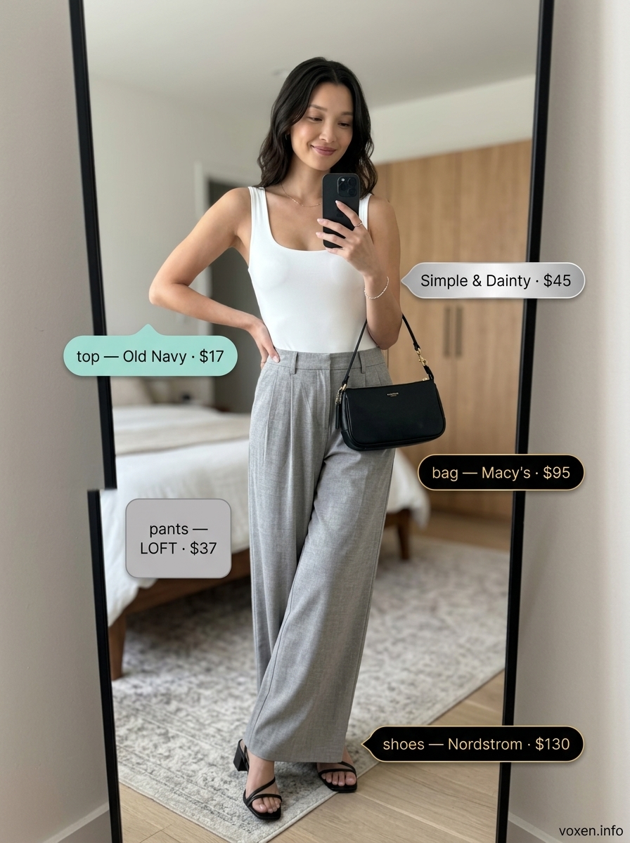 Grey wide-leg trousers for women 2026, styled with a white bodysuit and black block heels for a polished look.